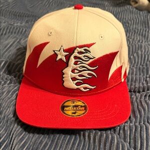 Red and White Hat hellstar Mitchell ness hat with Flame Design streewear